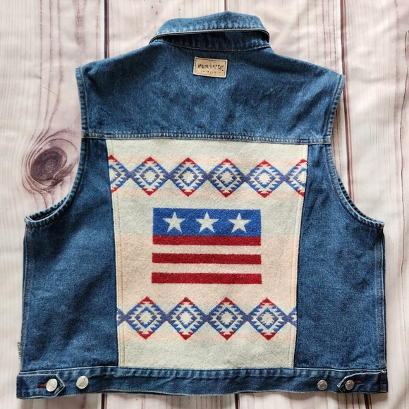 Pendleton Jackets & Blazers - Pendleton Vintage Denim Vest Wool Blanket USA Flag Red White | Women's Size XL